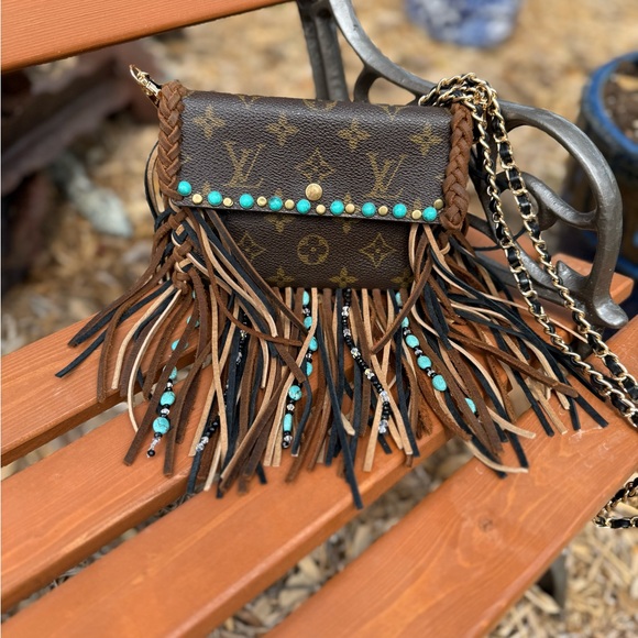 Louis Vuitton Brown Monogram Fringe Crossbody with Turquoise Studs - Picture 13 of 14